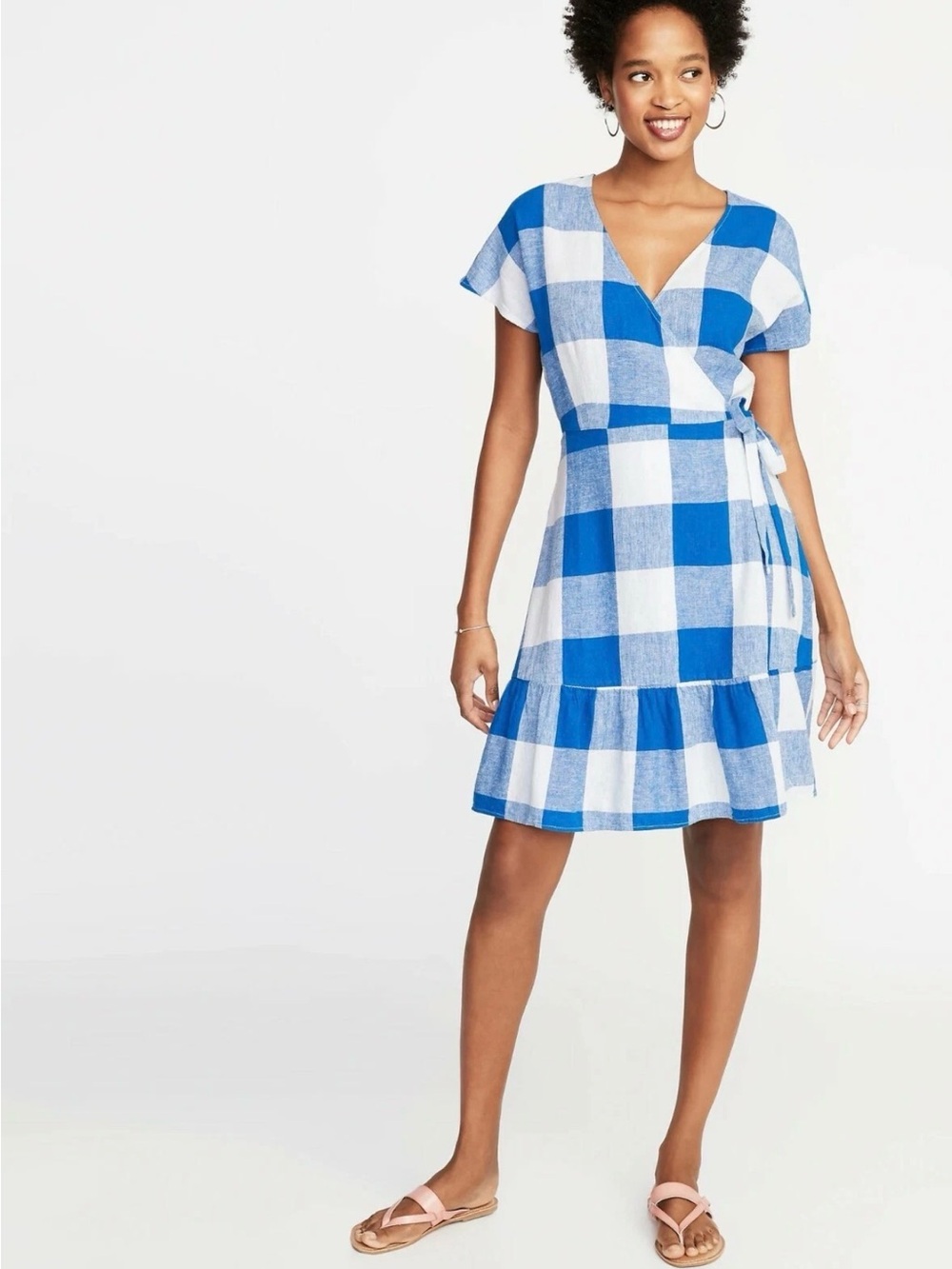 Old Navy Waist-Defined Wrap-Front Gingham Blue & White Plaid Linen Dress Large